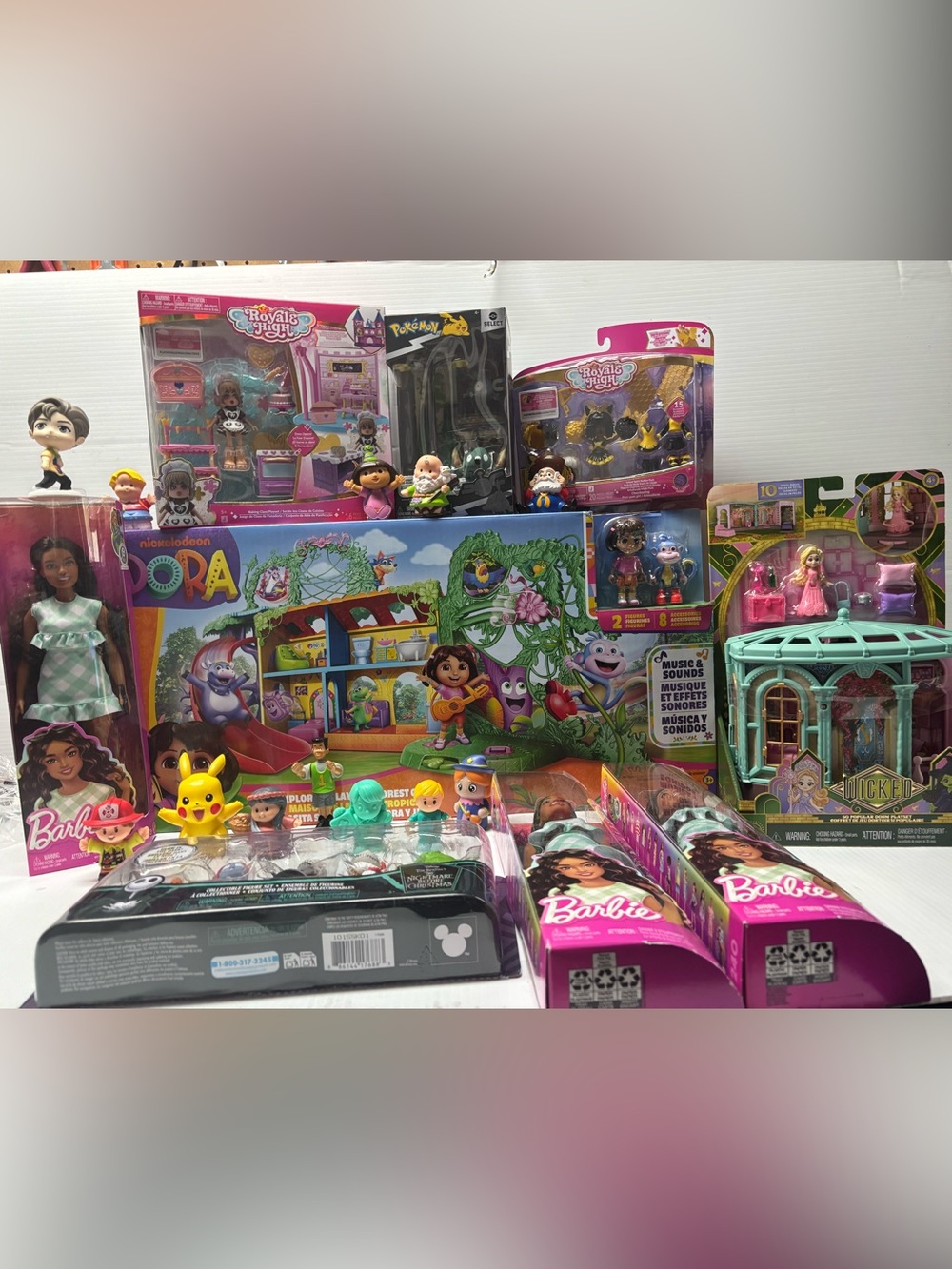 Huge NEW Toy Lot - Barbie, Wicked Royale High Little People Pokémon Dora NBC 15+